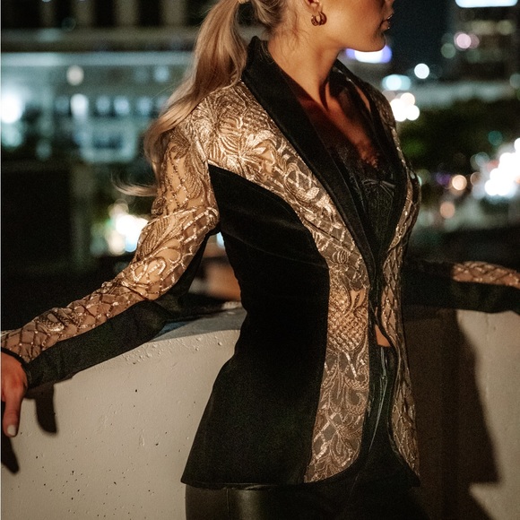Stunning gold luxury Italian lace with black velvet jacket